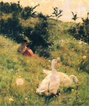 動物 Painting - キリアク・コスタンディの女の子とガチョウのペットの子供たち